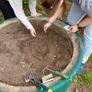 Mitarbeiterin und Kind sähen Samen in Pflanzring