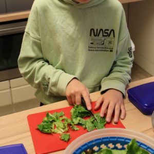 Junge schneidet selbstständig Salat